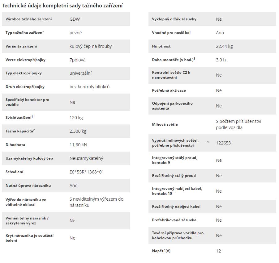 GDW tažné zařízení pevné včetně Trail-Tec elektropřípojky 7pólové univerzální 